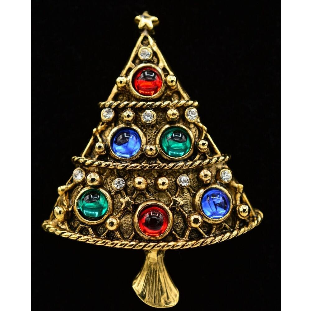 Vintage Cabochon Christmas Tree Pin Brooch Antiqued Gold Holiday NOS 1980s 80s